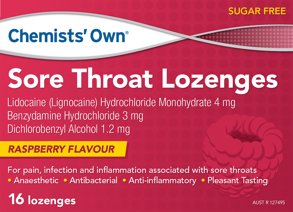Chemists Own Sore Throat Lozenges Raspberry 16 Pack – Alive Pharmacy ...